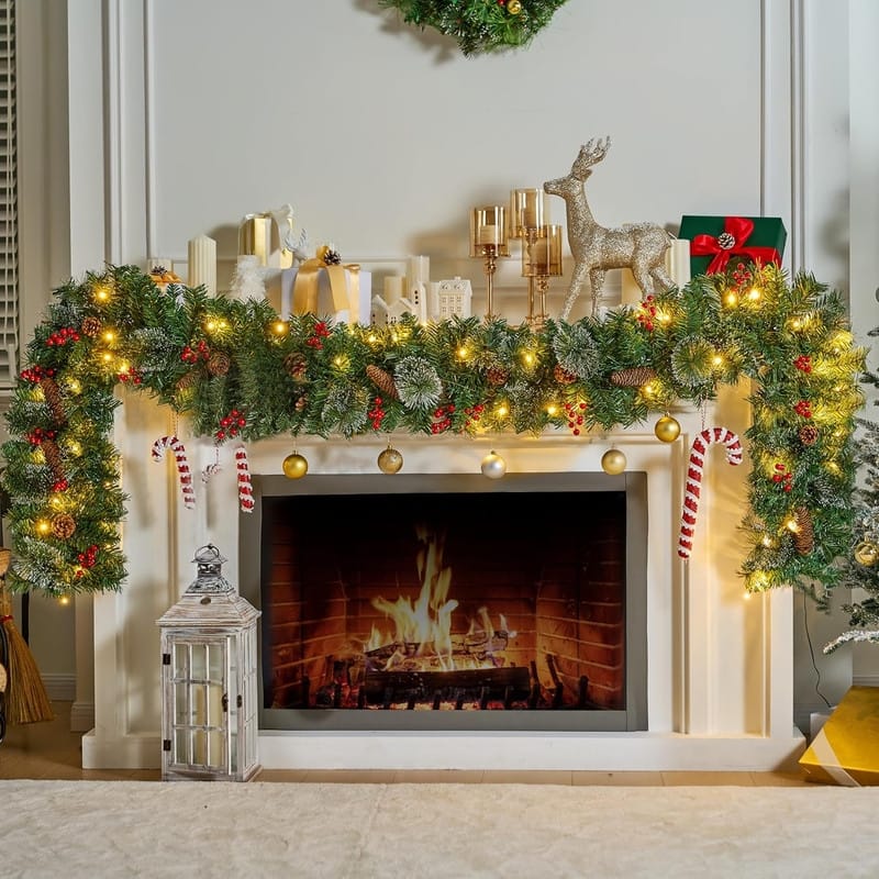 Joyfy Indoor/Outdoor Pre-lit Plug in 9-ft Pine Artificial Garland with Warm White LED Lights