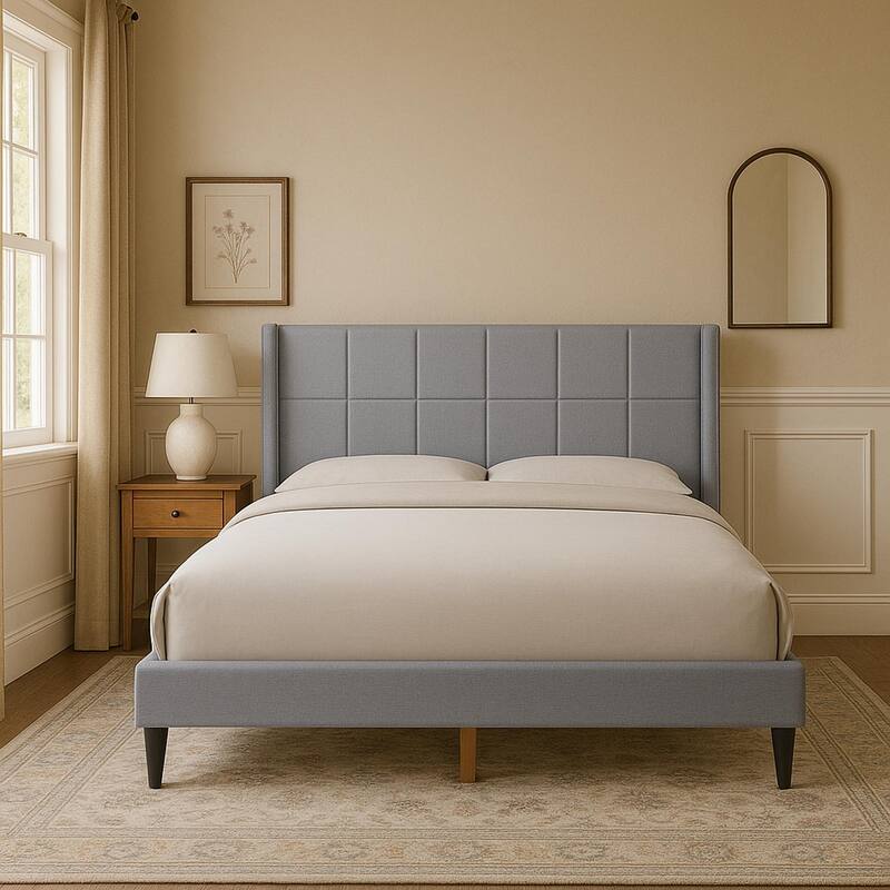Queen Bed Frame with Wingback/Linen Upholstered Platform Bed with Square Stitched Headboard/Wood Slats Support/Solid Wood Legs - Gray Blue - Queen