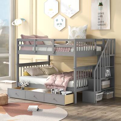 Solid Pine Wood Full-Over-Full Bunk Bed with Drawer and Guard Rail