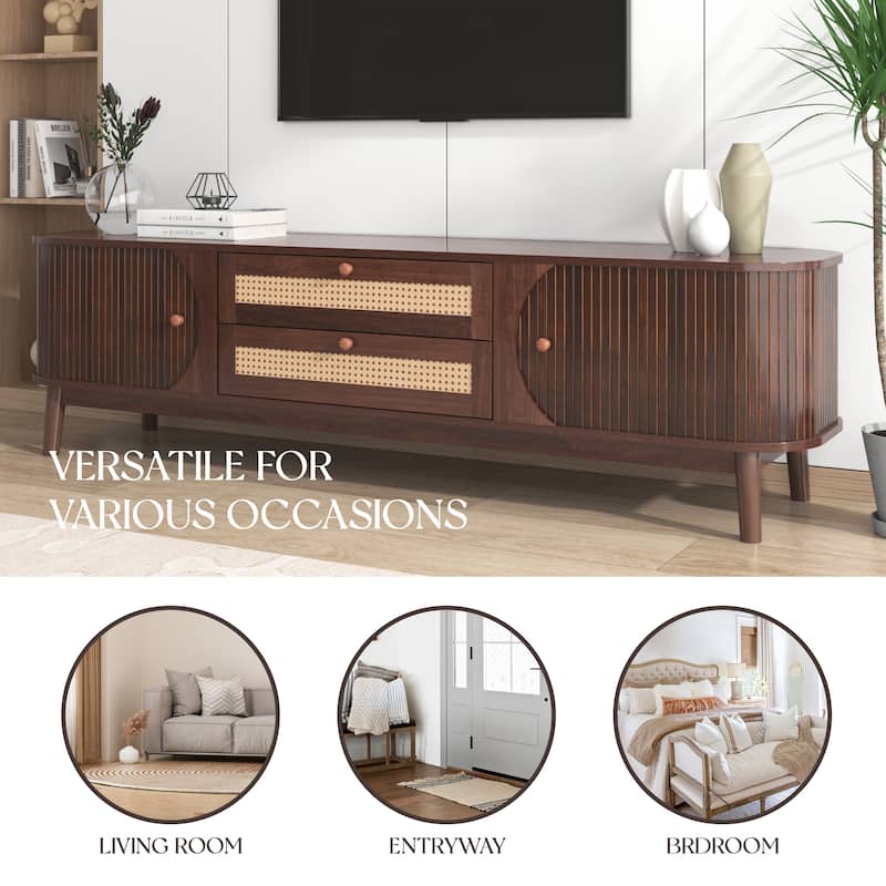 Rattan TV Stand for TVs up to 75'', Modern Farmhouse Entertainment Center with Solid Wood Legs and Storage Cabinets