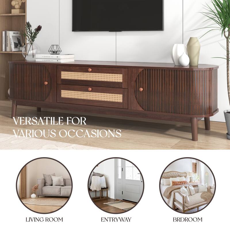 Rattan TV Stand for TVs up to 75'' - Natural Wood+Brown