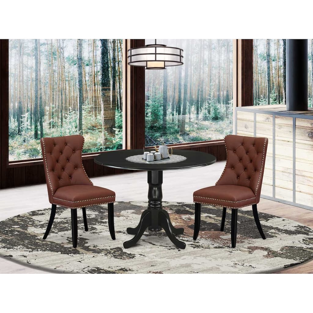 3-Piece Black Finish Solid Wood Top-Round Upholstered Dining Room Set -Seats 4