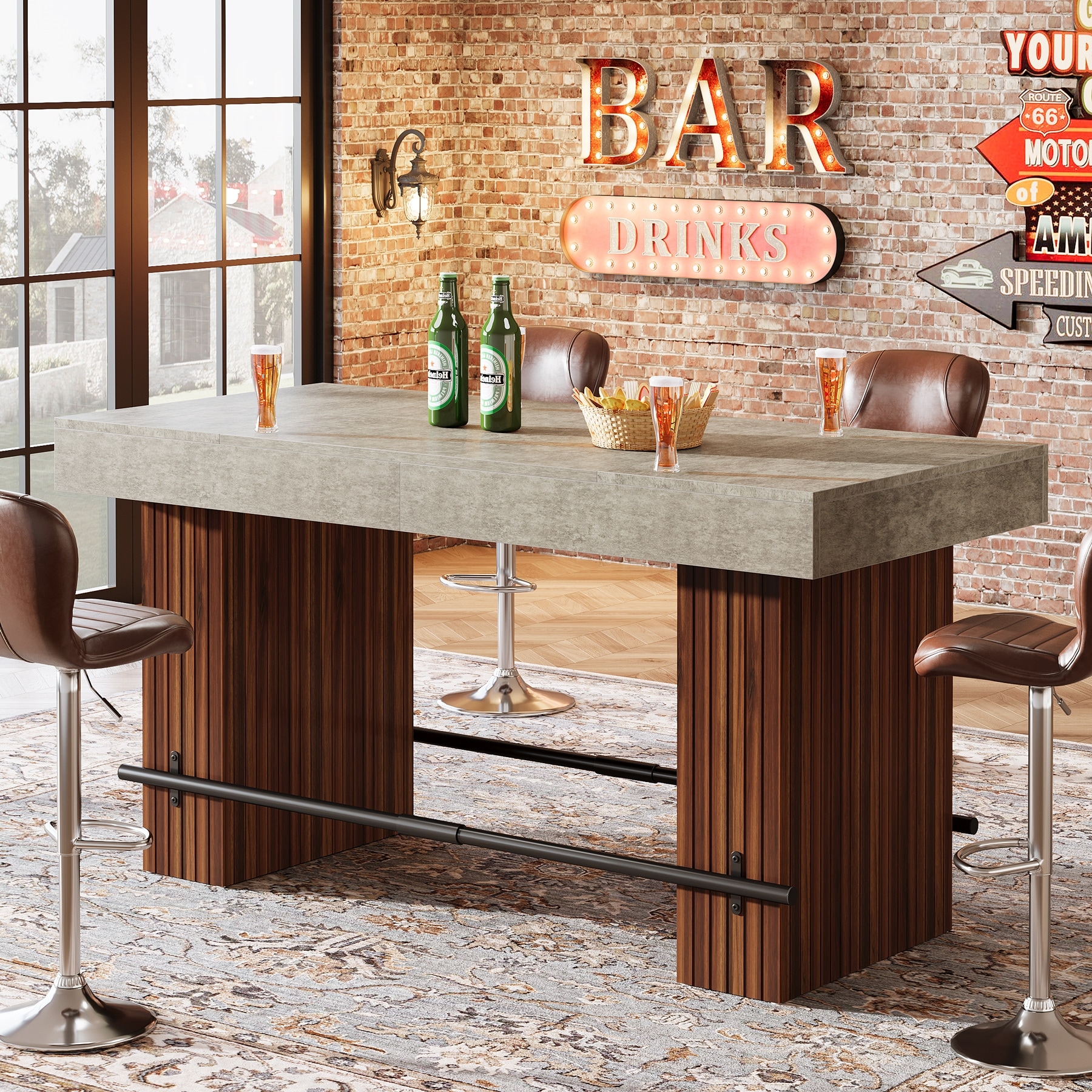 63-Inch Bar Table, Counter Height Pub Table with Metal Footrest for Home Bar, Kitchen, Dining Room, Bistro