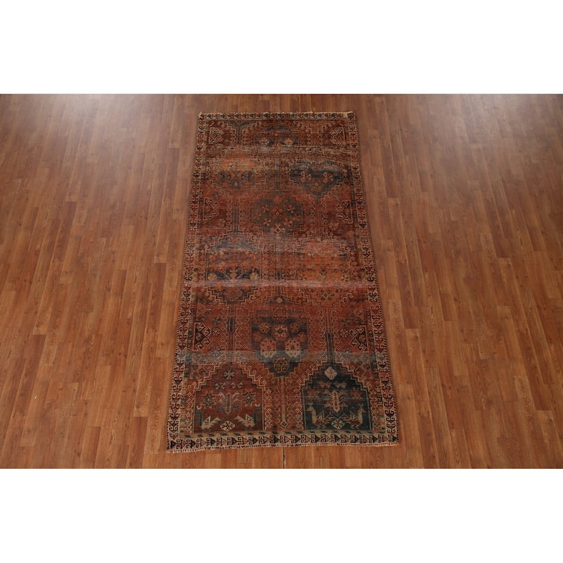 Distressed Qashqai Persian Antique Area Rug Hand-Knotted Wool Carpet - 4'1"x 8'2"