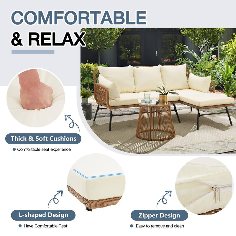 Sectional Wicker Conversation Sofa Set, 3 Piece Patio Furniture Set with Thick Cushions and Toughened Glass Coffee Table