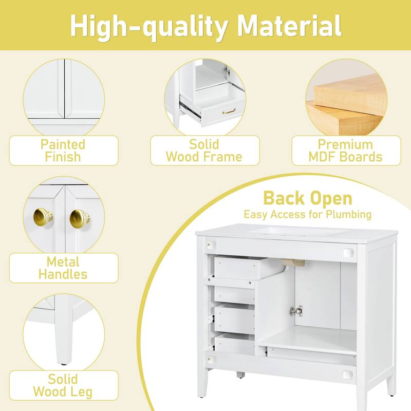 36-Inch Bathroom Vanity with Soft-Closing Drawers,Ceramic Sink,and Wood Frame