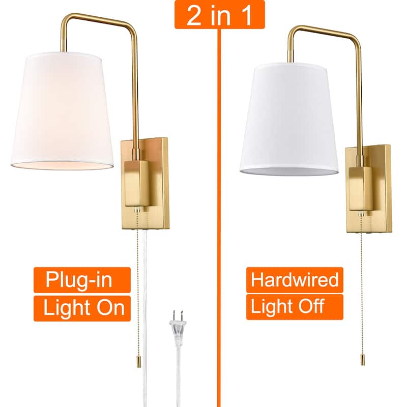 Culara Brass Wall Sconce , Fabric Shade, Plug in & Hardwired , Set of 2 Sconces