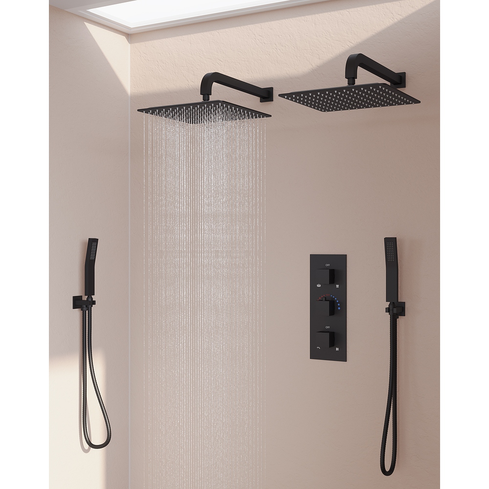 GRANDJOY 12 inch Wall Mounted Dual Shower Heads with Handheld Spray Combo Thermostatic High Pressure Shower System