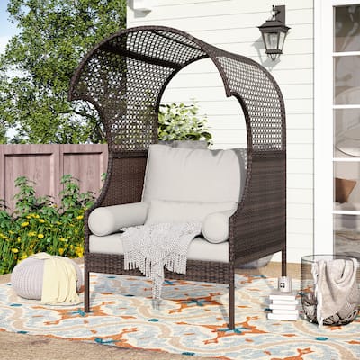 Single Rattan Sofa with Top Canopy, Elegant Wicker Couch for Outdoor