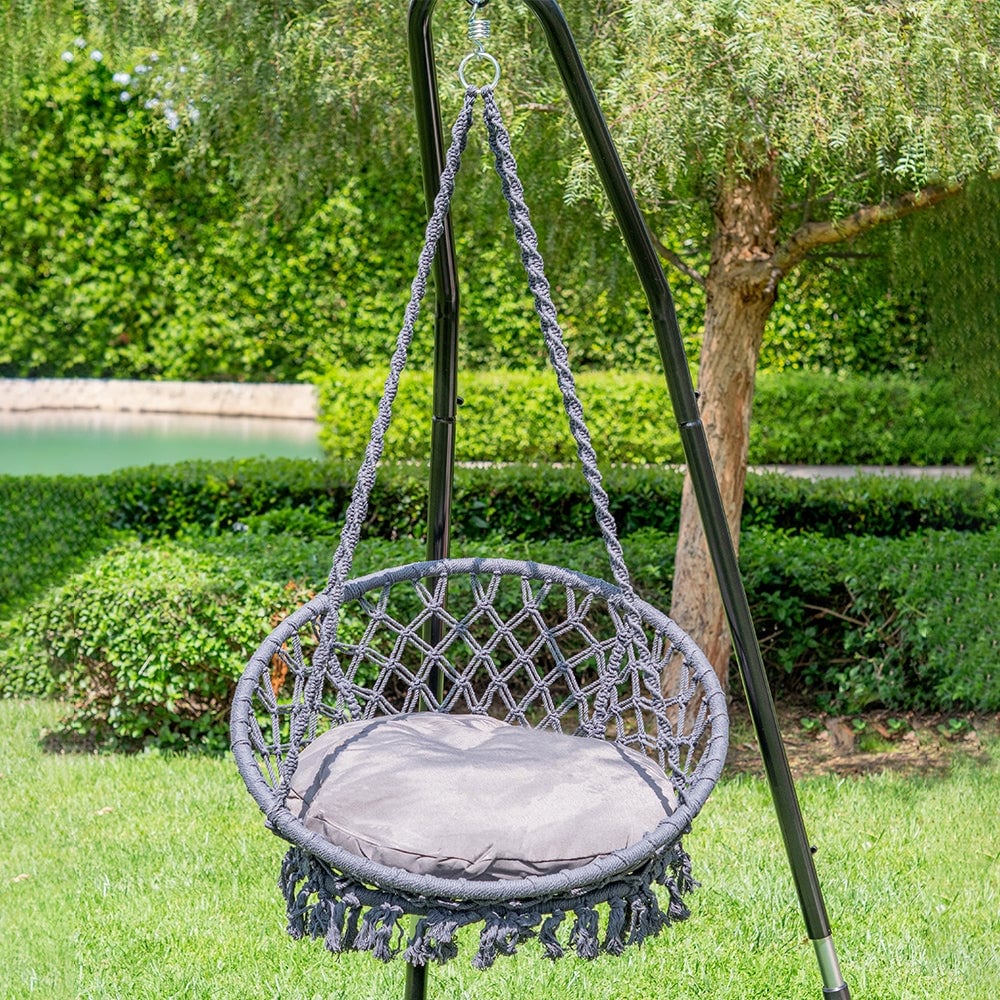 Bahia Macrame Hammock Chair Bedroom Rope Swing Indoor Outdoor Hand Woven Accent Chair 42 x 32 in Grey