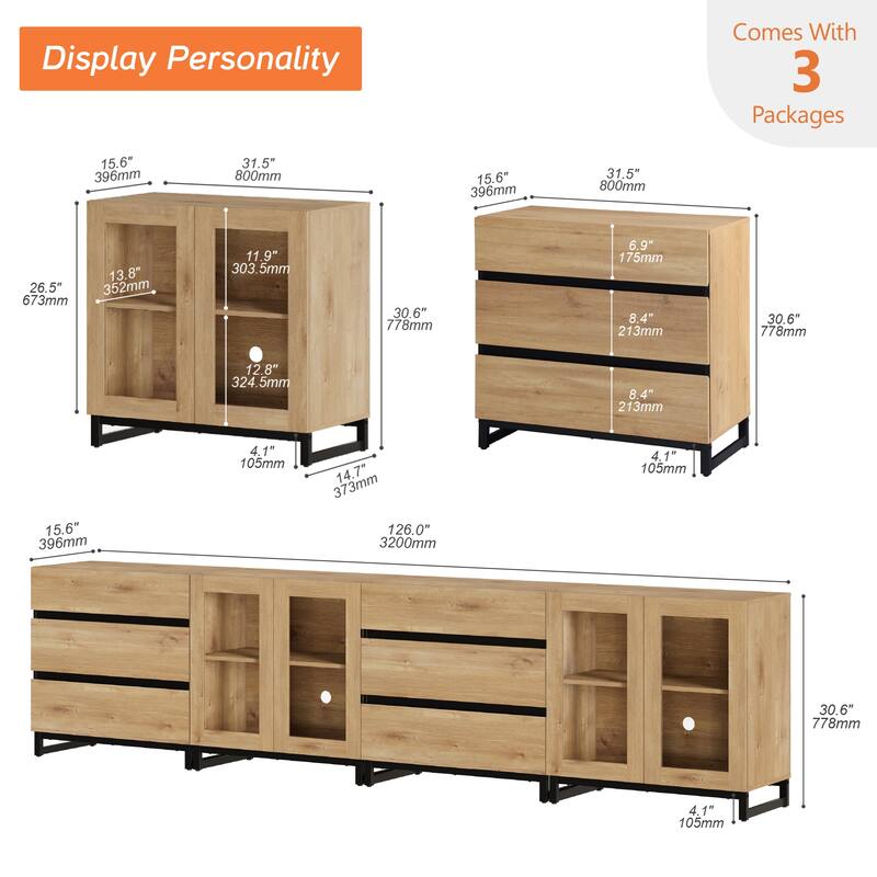 Modern Sideboard with Adjustable Shelves and 6 Drawers, 4 in 1 Storage Cabinet with Glass Doors, Coffee Bar Cabinet for Kitchen