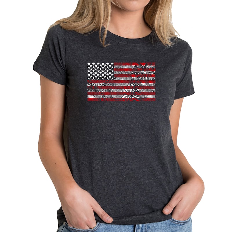 LA Pop Art Women's Premium Blend Word Art T-shirt - Fireworks American Flag - Black - XXL