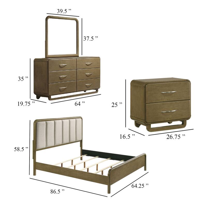 Deon 4 Piece Queen Bedroom Set, Upholstered Headboard, Brown Hardwood