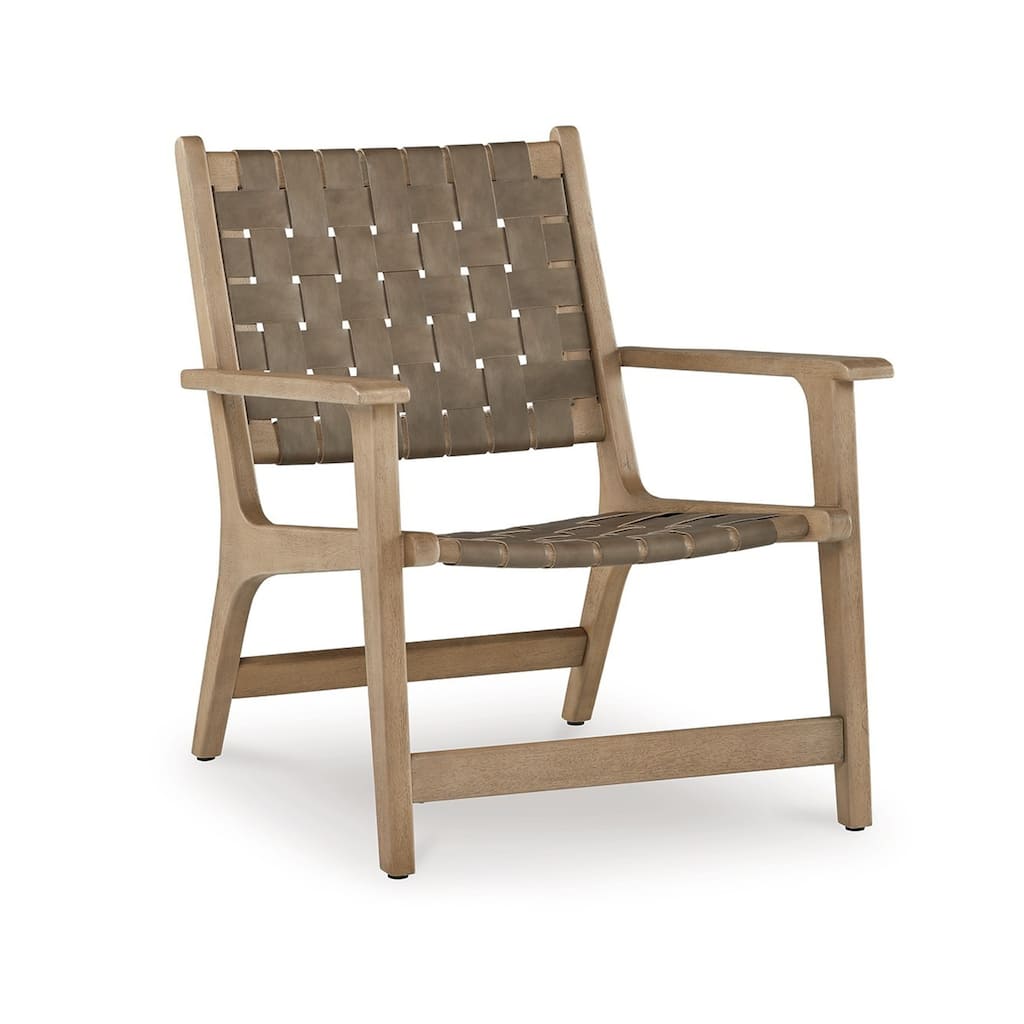 Woven Accent Chair, Taupe Faux Leather Strips, Basket Weave Pattern, Brown