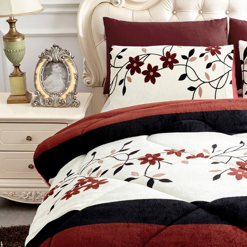 3-Piece Floral Printed Sherpa-Backing Reversible Comforter Set