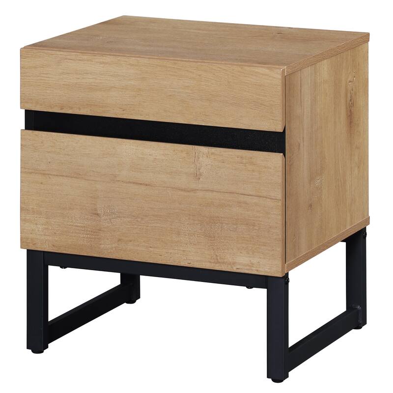 WAMPAT Modern Nightstand with 2 Drawers, Farmhouse BedsideTable with Black Square Iron Leg, Wood Rustic Side End Table - Antique Oak - 2-drawer