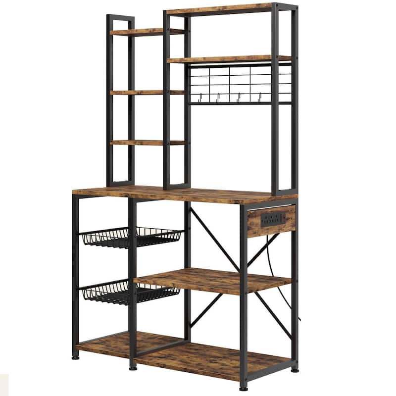 Bakers Rack with Power Outlet for Kitchen Spice - Brown
