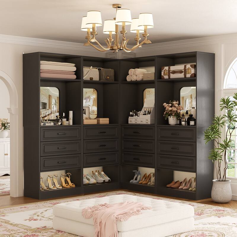 Cimly 25'' Freestanding Closet System with Drawers and Mirror, Display Shelves Organizer with Shelving