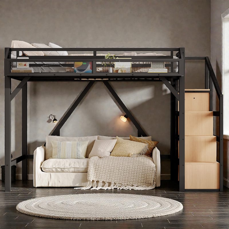 Metal Loft Bed with Storage Stairs, Built-in Wardrobe, Shelves, USB Ports, LED Lights & Noise-Reduced Frame