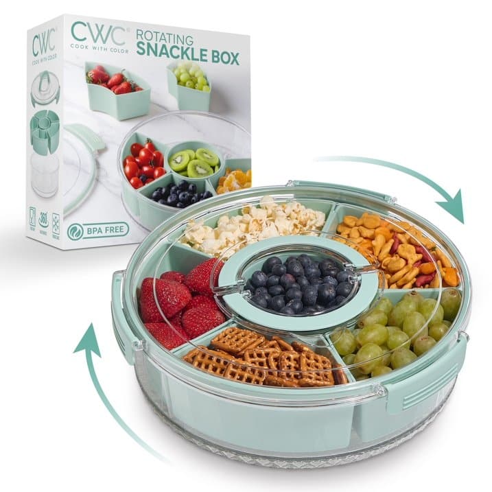 COOK WITH COLOR Round Snackle Box – 6-Compartment Serving Tray with Lid and Handle,Kids Lunch Box & Meal Prep Snack Container - Sage