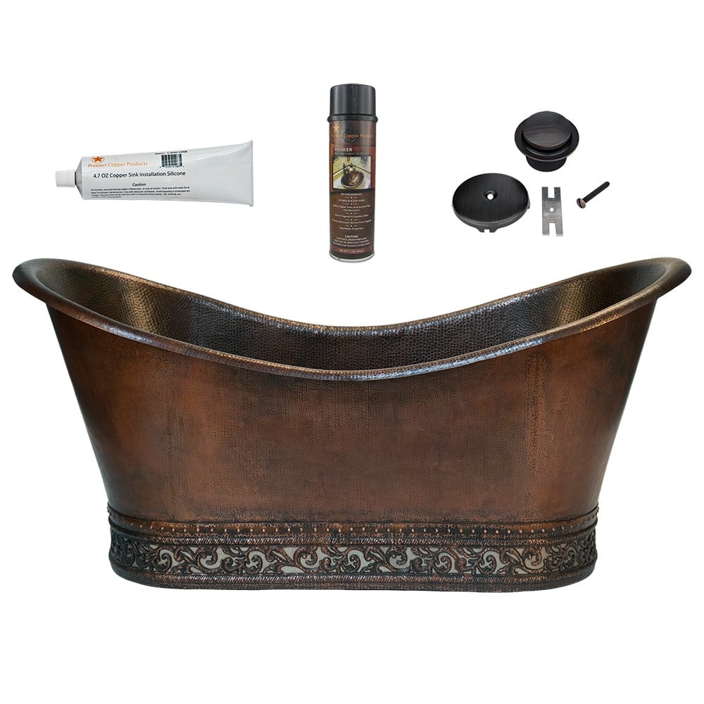 67" Hammered Copper Double Slipper Bathtub with Scroll Base and Nickel Inlay and Drain Package