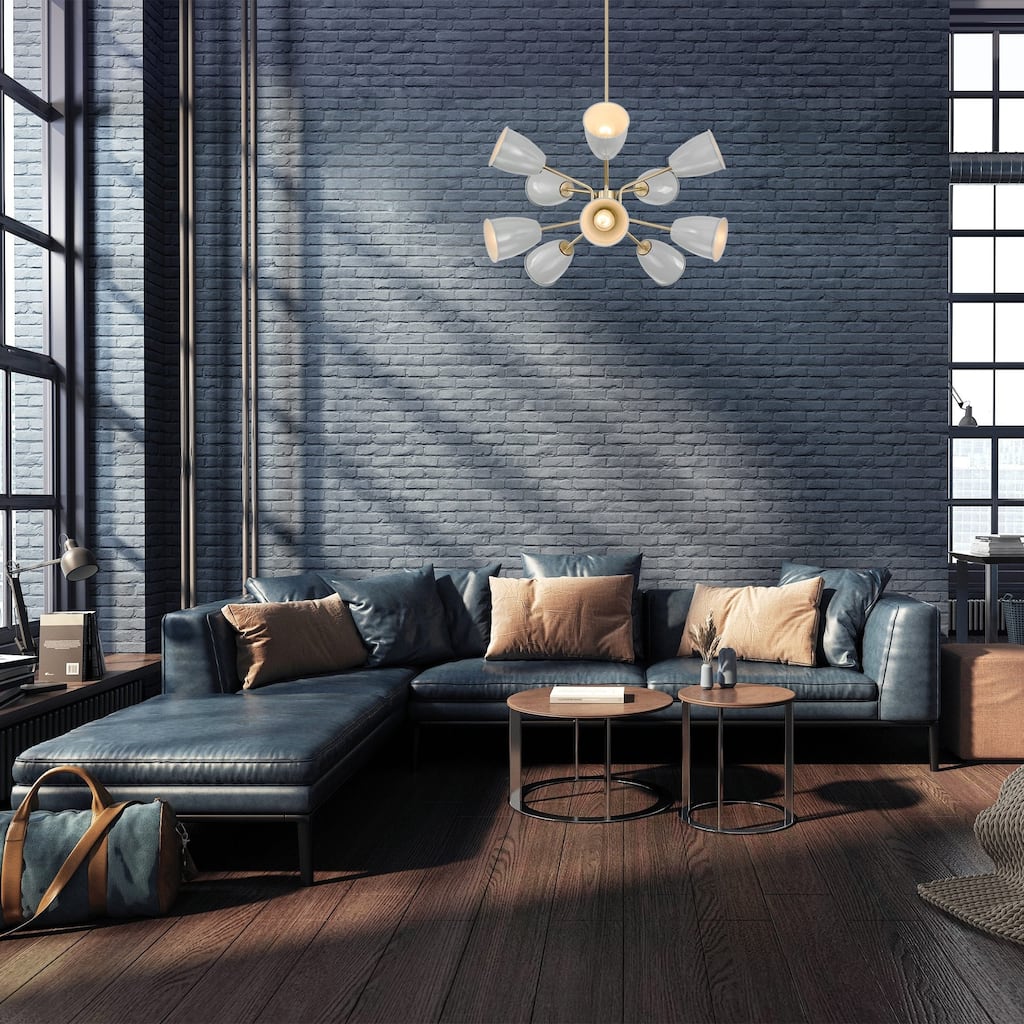 Biba 28.5 in. 10-Light Brushed Gold Modern Chandelier with Grey Sky Metal Shades