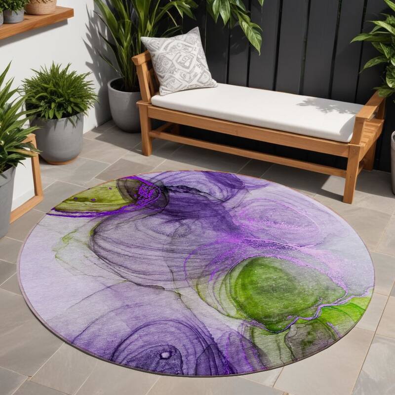 Almisi Artistic Abstract Weather Resistant Blended Style Outdoor Rug - 8' Round - Purple
