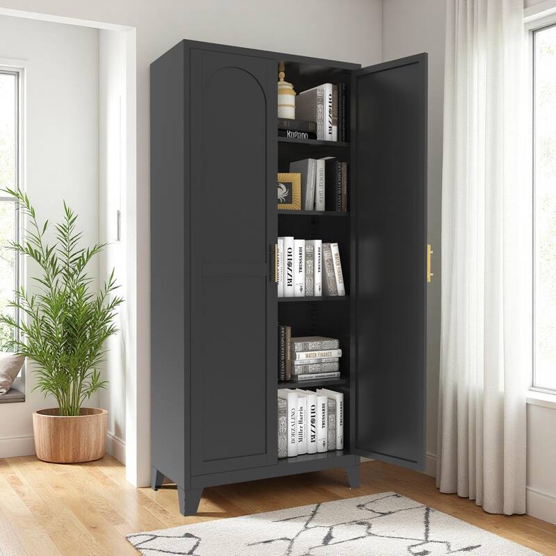 2 Door Metal Storage Cabinet, Freestanding Kitchen Pantry Cabinet, Steel Cabinet with Doors & Adjustable Shelves