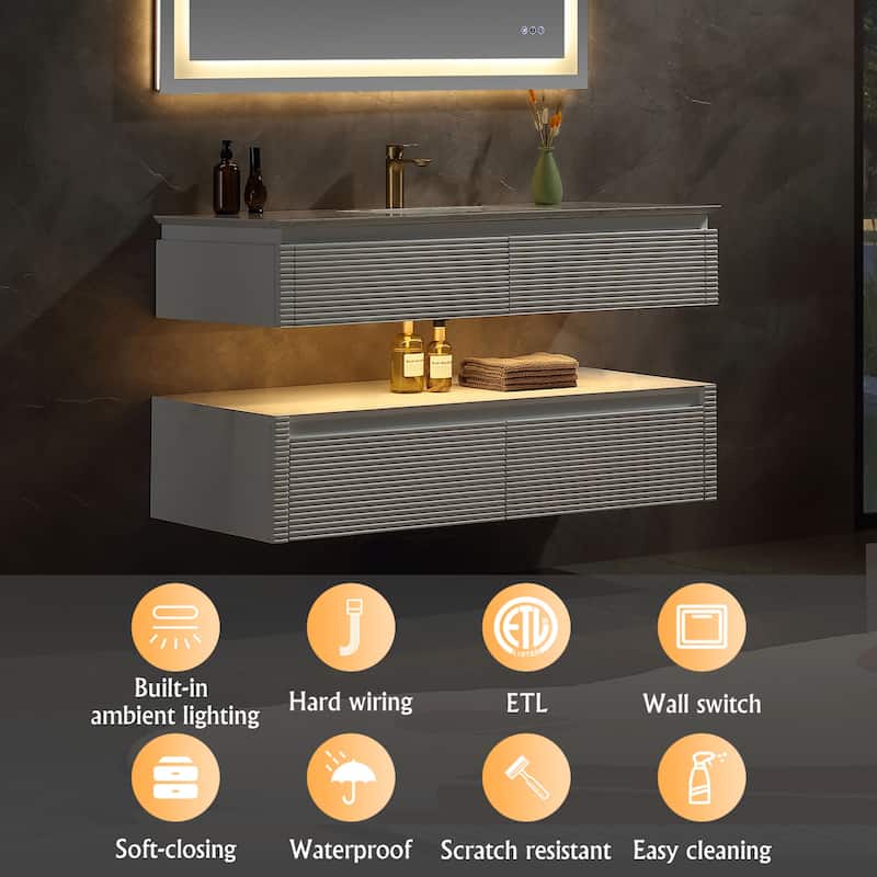 Modland 36/48 Inch LED Floating Vanity with Marble Top & Soft-Close Drawer - Green/White, Wall Drain Ready