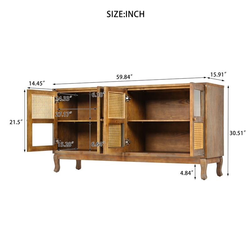 4-Door Sideboard with Large Storage Space Artificial Rattan Doors and Transparent Glass, for Dining Room Living Room
