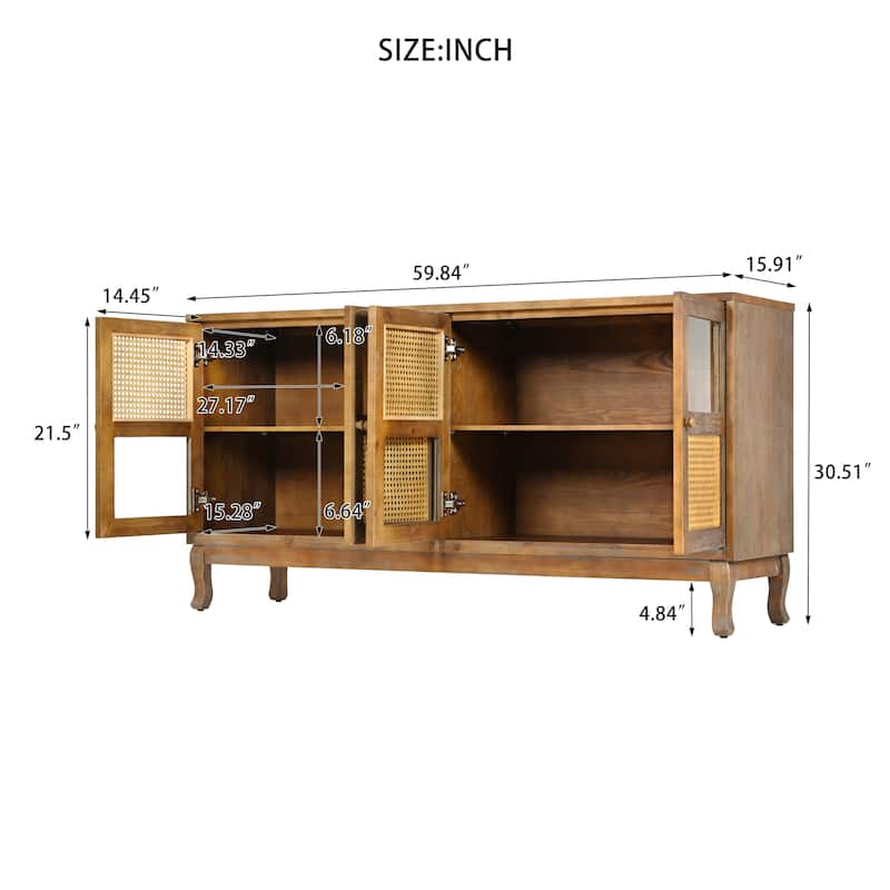 Sideboard Cabinet with Artificial Rattan Doors, Accent Cabinet with Adjustabel Shelves, Buffet Cabinet with Wooden Legs