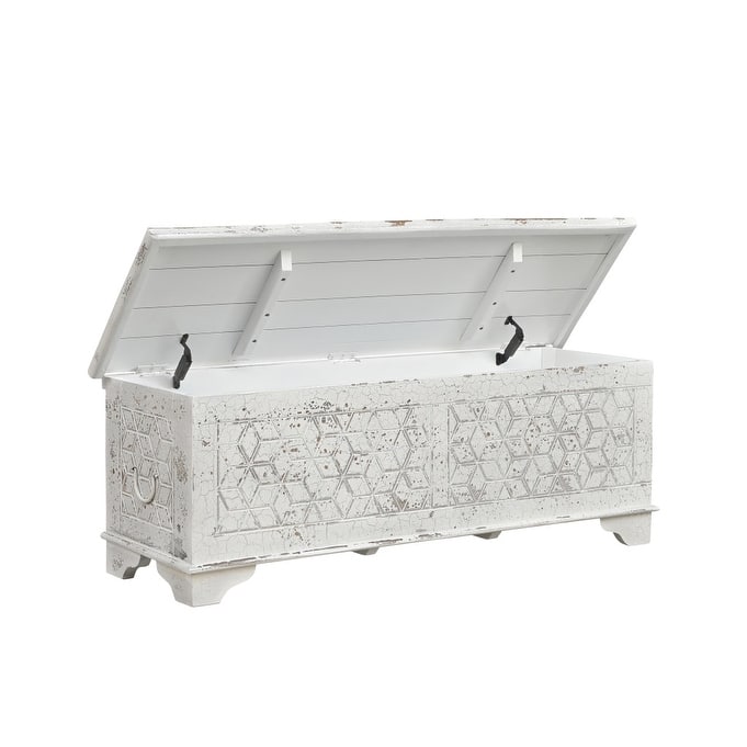 HomeRoots 52" White Rustic Solid Wood Geometric Storage Ottoman