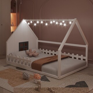Full Size Wood House Bed with LED, Window and Fence