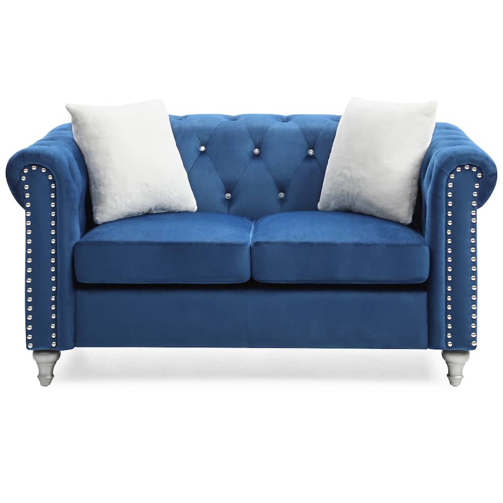 Tufted Velvet 2-Seater Sofa with Throw Pillows - 60" - Blue