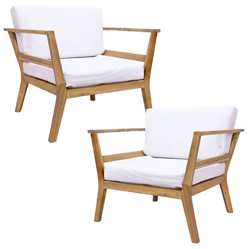 Sunnydaze Bodie Acacia Armchair with Cushions - Club Chair for Patio - Bone White Cushions - Set of 2