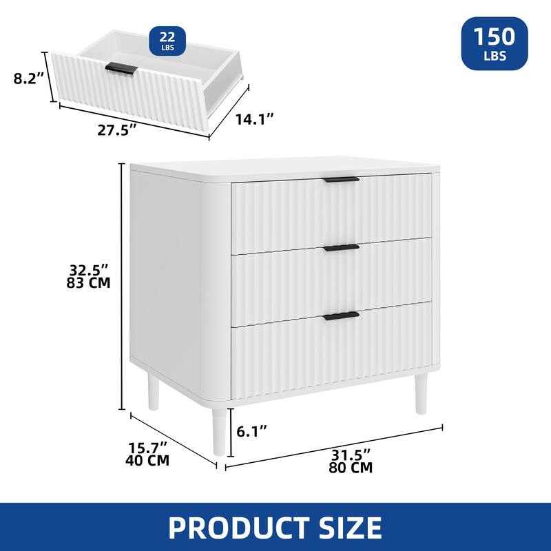 Moasis Modern Fluted 3-Drawer Dresser Chest of Drawers Natural Oak