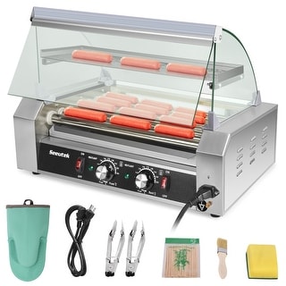Hot Dog Roller 1100W 18 Hot Dogs 7 Rollers Sausage Grill Cooker Machine with Dual Temp Control LED Light