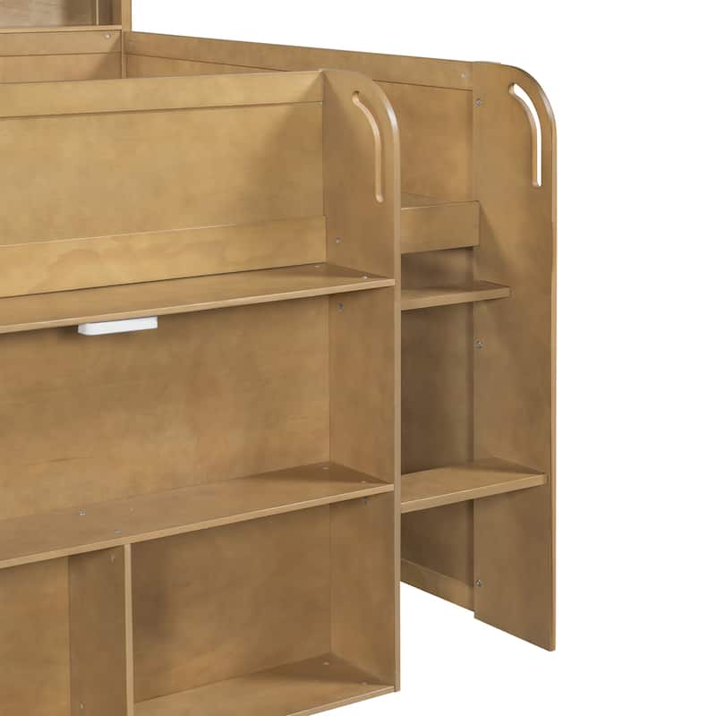 Full Size Wood Kids Loft Bed Frame with Pull-out Desk, Multiple Storage Bookshelf Built-in LED