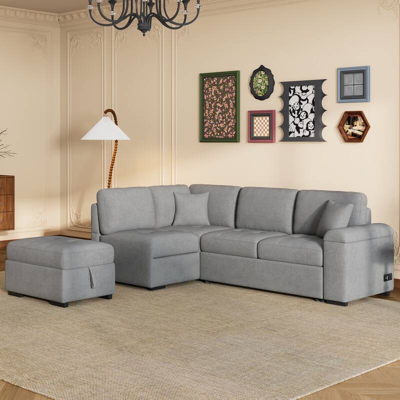 Velvet Sleeper Sectional Sofa, L-Shape Corner Couch Sofa-Bed with Storage Ottoman, Hidden Arm Storage, USB Charge