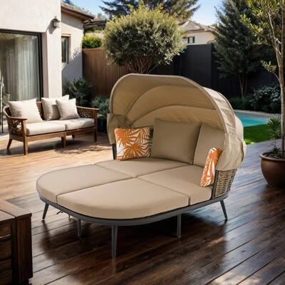 74.8" L Outdoor Retractable Canopy Daybed with Pillows and Cushions, Brown
