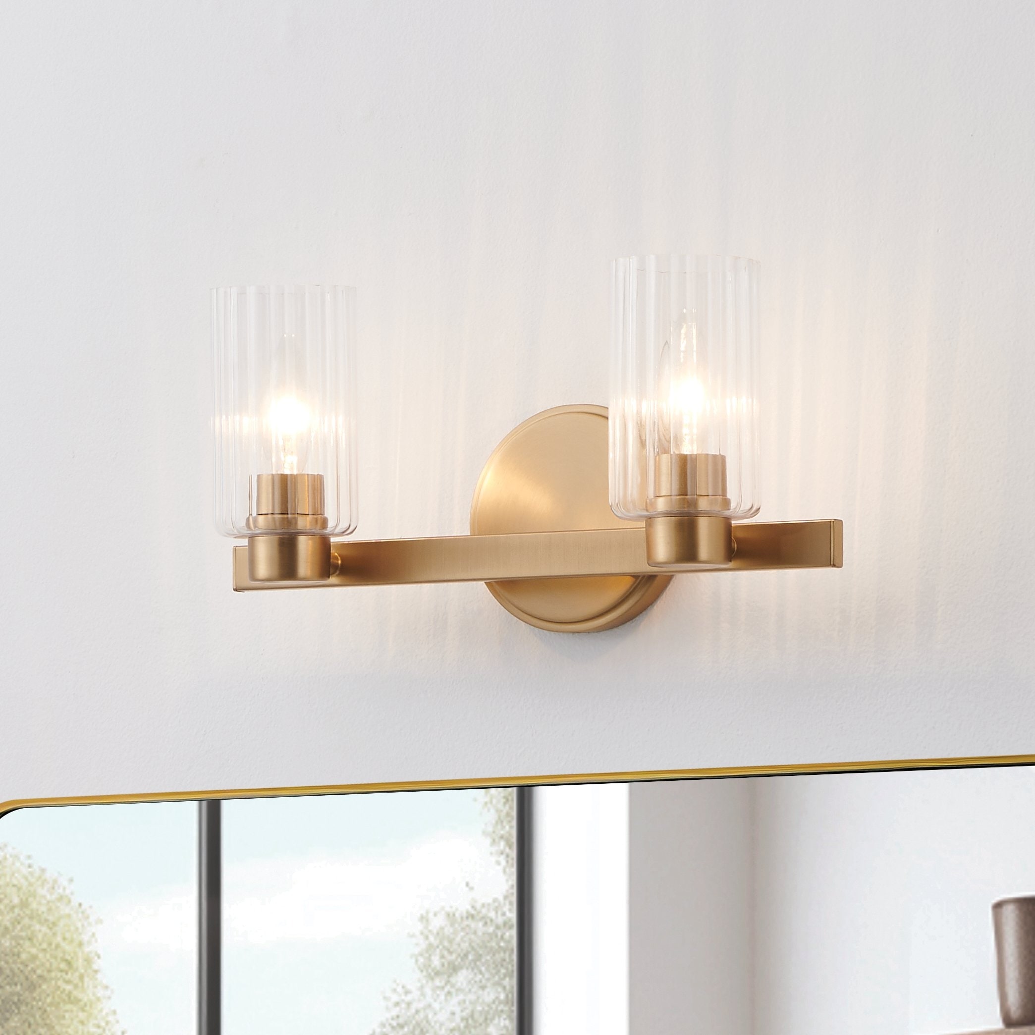 Thesis Bedminster 14-inch 2-light Champagne Gold Vanity Light with Clear Ribbed Glass Shades