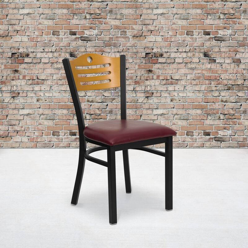 Slat Back Metal Restaurant Chair - 16.75"W x 21.5"D x 32.75"H - natural wood back/burgundy vinyl seat