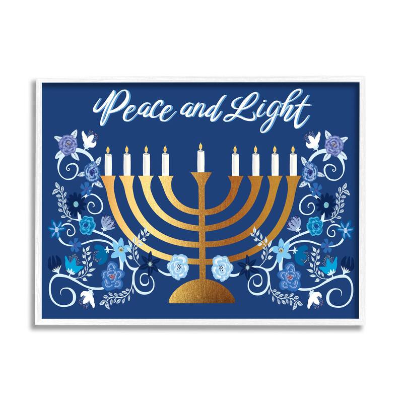 Stupell Peace & Light Floral Hanukkah Menorah Framed Giclee Art by Darlene Seale - 14 x 11 - White
