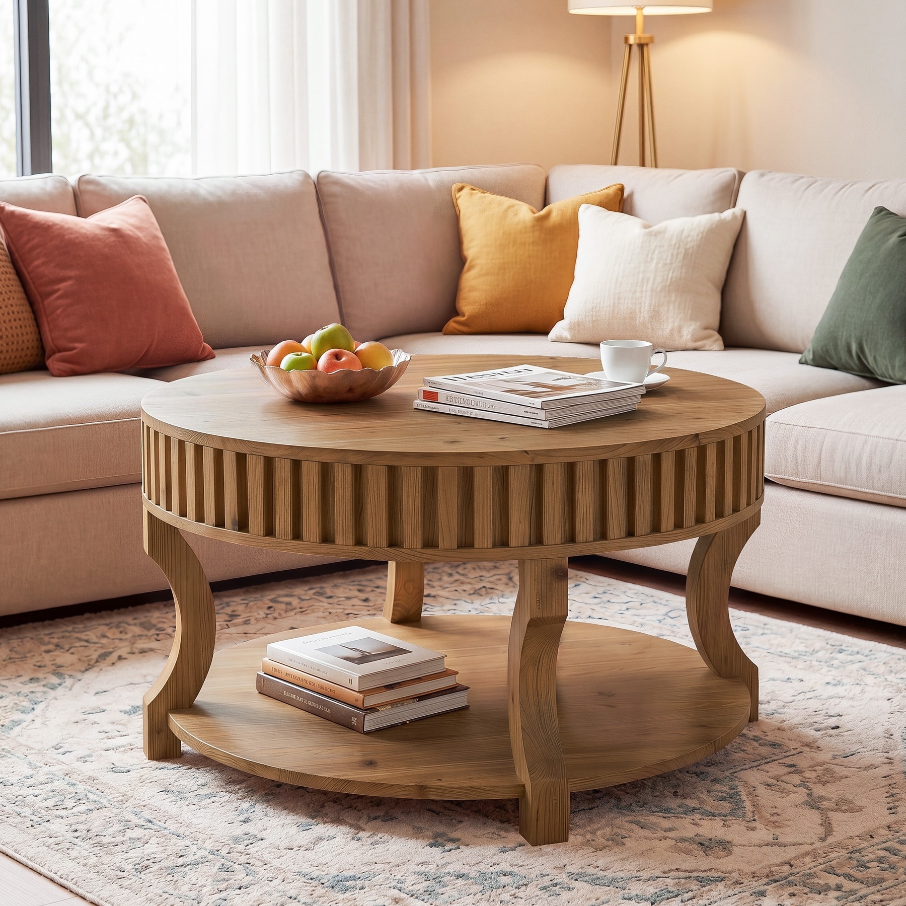 Solid Wood Coffee Table, Farmhouse 2-Tier Center Table with Storage, 31.5 Inch Fluted Round Cocktail Table for Living Room