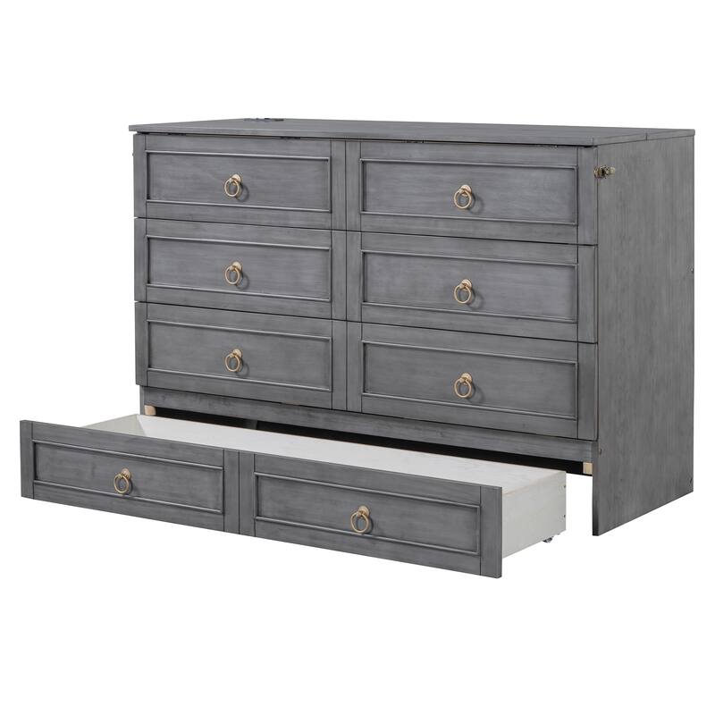 Queen Size Murphy Bed Storage Drawers & Elegant Rattan Front - Foldable Space-Saving Solution