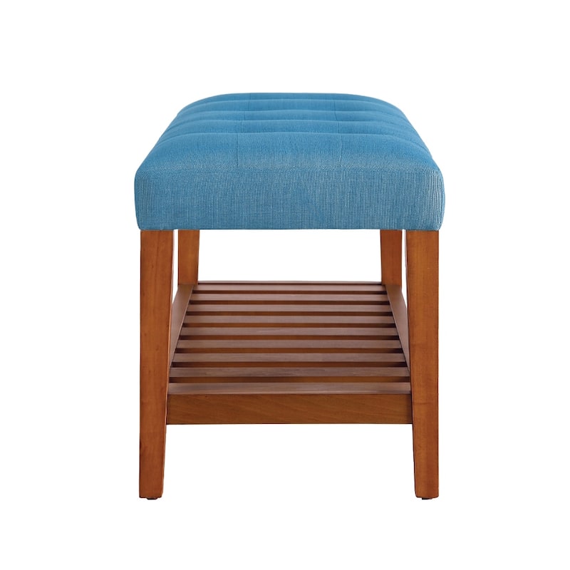 Fabric Upholstered Bench with Open Storage, Blue and Oak - Blue,Oak