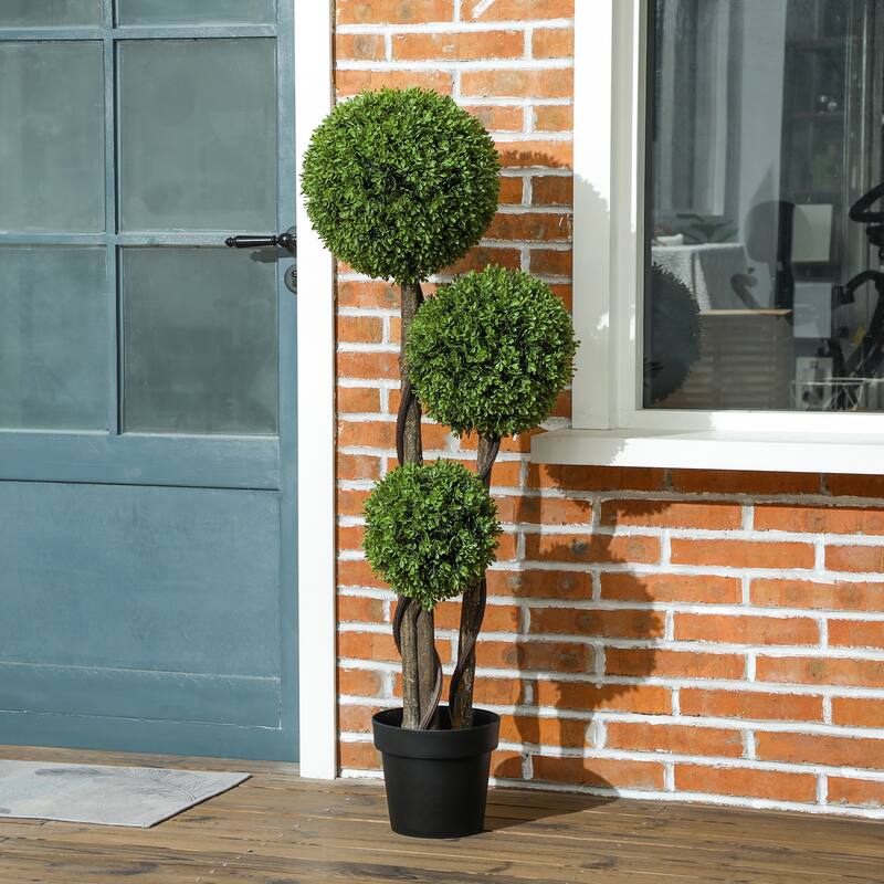 HOMCOM Artificial Plant for Home Decor Indoor & Outdoor Fake Plants Artificial Tree in Pot, 3 Ball Boxwood Topiary Tree - Green
