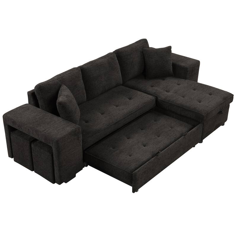 Black 104.5" Charcoal L-Shaped 3 Seater Convertible Sofa with Pull-Out Bed, Storage Chaise and 2 Stools for Living Room