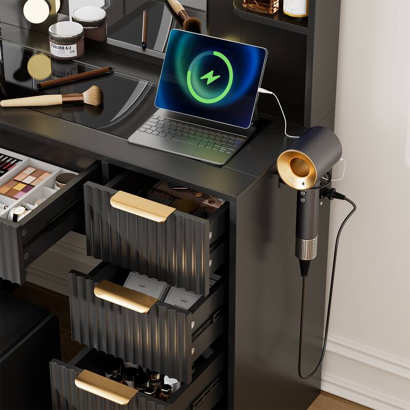 Transparent Tabletop Makeup Vanity Table / 2-Piece Vanity Desk and Stool Set with Charging Station