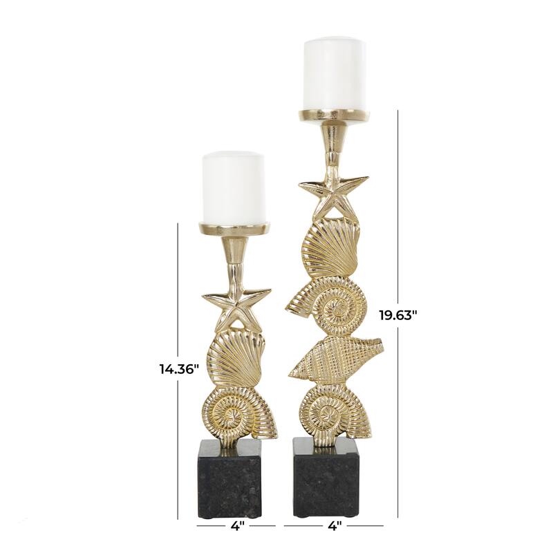 Gold or Silver Aluminum Metal Shell Candle Holder with Black Marble Bases (Set of 2)